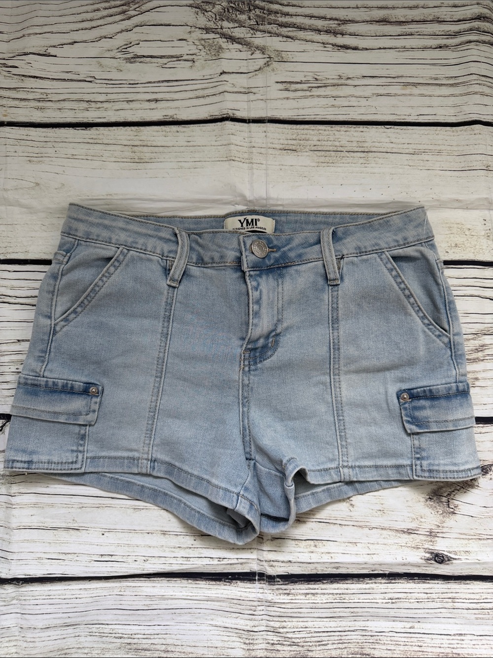 ♡ YMI Light Wash Denim Cargo Shorts in Pale Blue Wash 3/26
